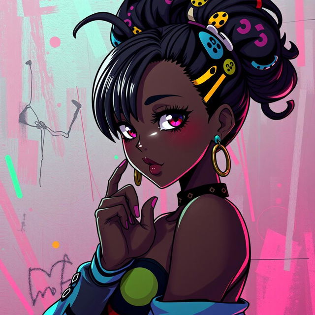 A striking and artistic representation of a black anime character in a funky, vibrant style