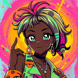 A striking and artistic representation of a black anime character in a funky, vibrant style