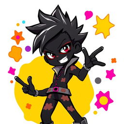A vibrant, funky anime character with a striking black color scheme, featuring bold and exaggerated facial features, wearing a stylish outfit with psychedelic patterns, surrounded by colorful abstract shapes and playful elements that evoke a sense of fun and eccentricity