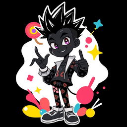 A vibrant, funky anime character with a striking black color scheme, featuring bold and exaggerated facial features, wearing a stylish outfit with psychedelic patterns, surrounded by colorful abstract shapes and playful elements that evoke a sense of fun and eccentricity