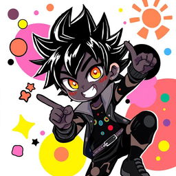 A vibrant, funky anime character with a striking black color scheme, featuring bold and exaggerated facial features, wearing a stylish outfit with psychedelic patterns, surrounded by colorful abstract shapes and playful elements that evoke a sense of fun and eccentricity