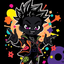 A vibrant, funky anime character with a striking black color scheme, featuring bold and exaggerated facial features, wearing a stylish outfit with psychedelic patterns, surrounded by colorful abstract shapes and playful elements that evoke a sense of fun and eccentricity