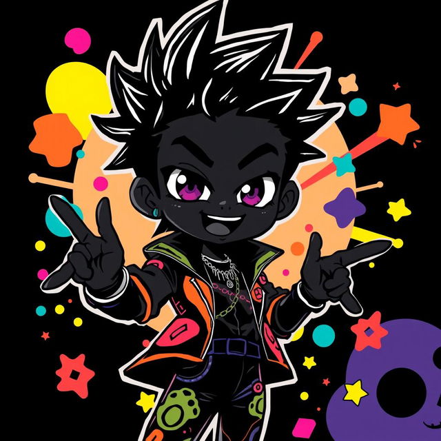 A vibrant, funky anime character with a striking black color scheme, featuring bold and exaggerated facial features, wearing a stylish outfit with psychedelic patterns, surrounded by colorful abstract shapes and playful elements that evoke a sense of fun and eccentricity