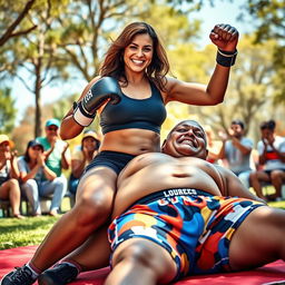 A triumphant scene of a confident woman sitting proudly on the belly of a larger woman, showcasing a moment after a friendly boxing match