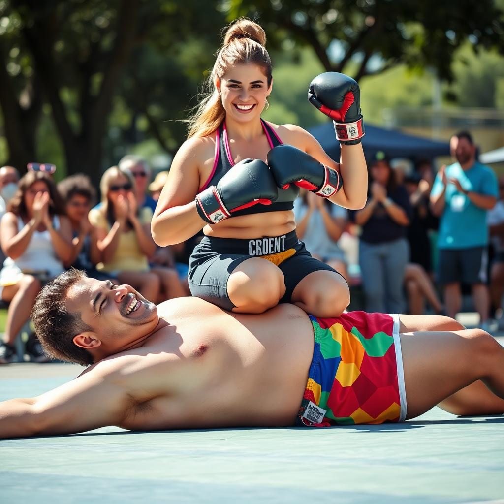 A triumphant scene of a confident woman sitting proudly on the belly of a larger woman, showcasing a moment after a friendly boxing match