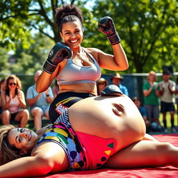A triumphant scene of a confident woman sitting proudly on the belly of a larger woman, showcasing a moment after a friendly boxing match
