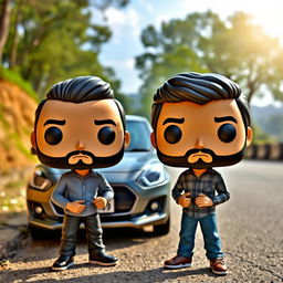 A Funko Pop figure of a 30-year-old male with short dark hair and a beard, standing next to a 2023 gray Suzuki Swift Dzire parked on the roadside