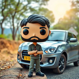 A Funko Pop figure of a 30-year-old male with short dark hair and a beard, standing next to a 2023 gray Suzuki Swift Dzire parked on the roadside