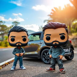 A Funko Pop figure of a 30-year-old male with short dark hair and a beard, standing next to a 2023 gray Suzuki Swift Dzire parked on the roadside