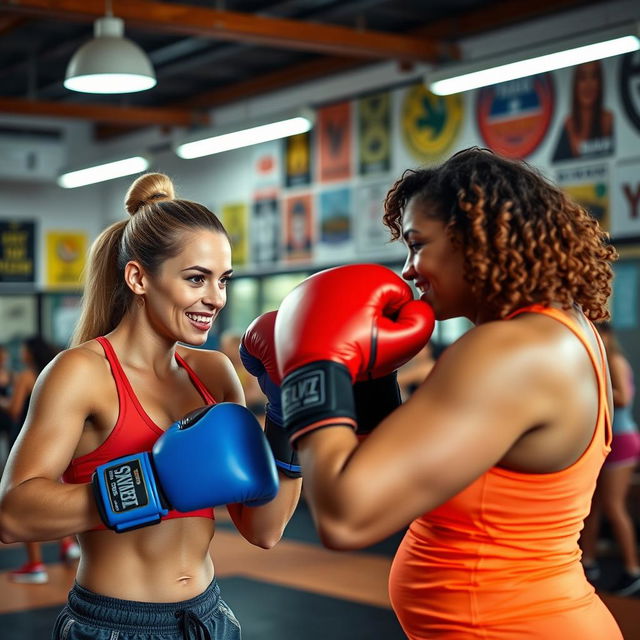 A dynamic scene of women boxing in a vibrant gym setting