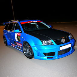 A blue 2001 VW Passat R36 L wagon drift car featuring fender flares, a dynamic drifting livery, a sleek carbon fiber hood, and an aggressive aero body kit