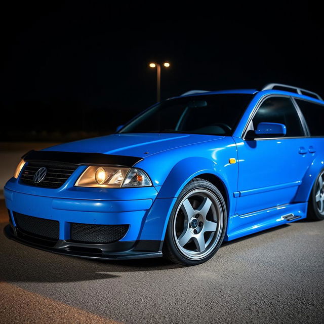 A blue 2001 VW Passat R36 L wagon drift car featuring fender flares, a dynamic drifting livery, a sleek carbon fiber hood, and an aggressive aero body kit