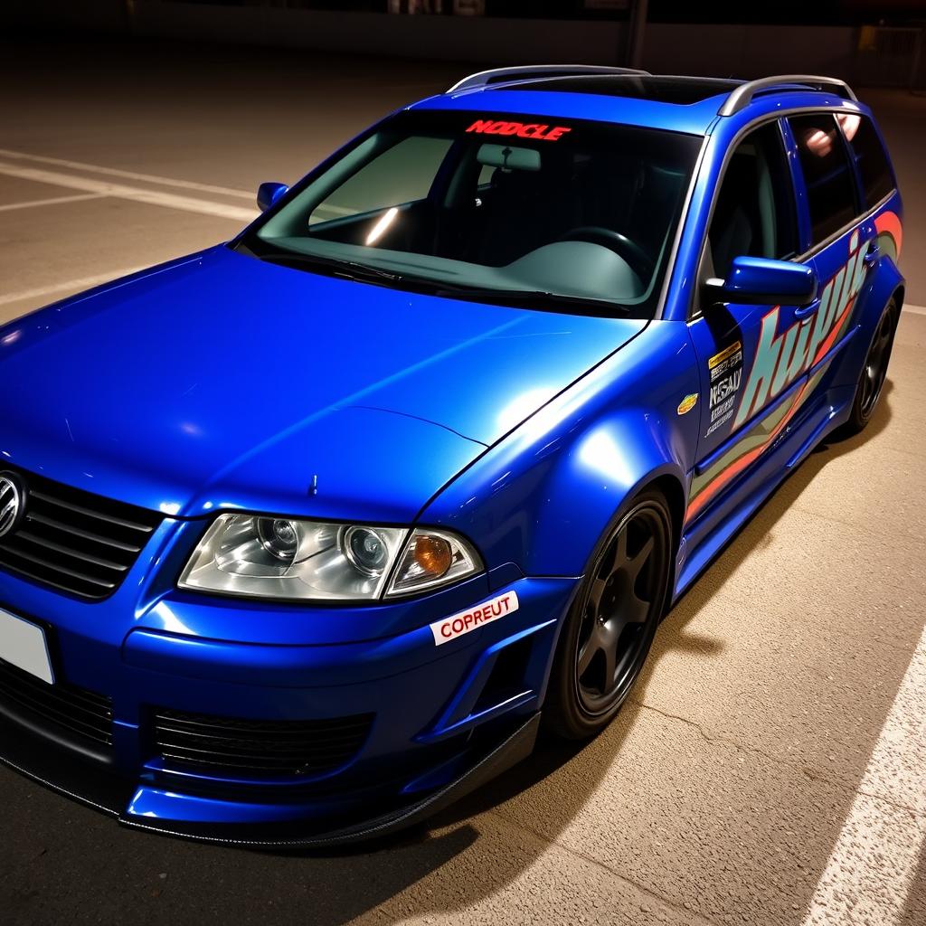 A blue 2001 VW Passat R36 L wagon drift car featuring fender flares, a dynamic drifting livery, a sleek carbon fiber hood, and an aggressive aero body kit