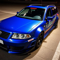 A blue 2001 VW Passat R36 L wagon drift car featuring fender flares, a dynamic drifting livery, a sleek carbon fiber hood, and an aggressive aero body kit