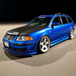 A blue 2001 VW Passat R36 L wagon drift car featuring fender flares, a dynamic drifting livery, a sleek carbon fiber hood, and an aggressive aero body kit