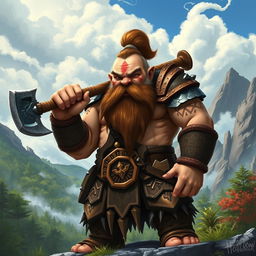 A muscular dwarf barbarian with a large axe, showcasing a prominent scar across his face