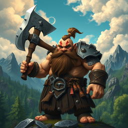 A muscular dwarf barbarian with a large axe, showcasing a prominent scar across his face