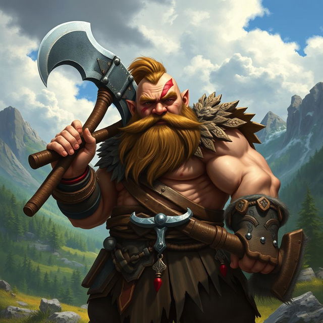 A muscular dwarf barbarian with a large axe, showcasing a prominent scar across his face