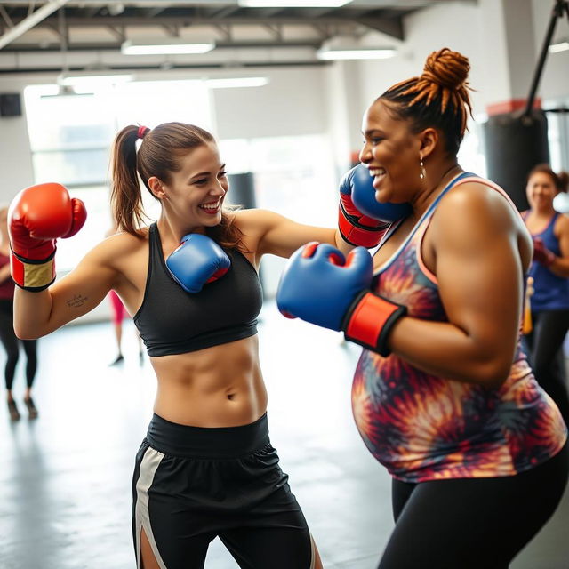 A dynamic scene in a boxing gym where an athletic woman delivers a playful punch to the belly of a jovial, voluptuous woman