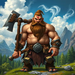 A muscular dwarf barbarian with a large axe, showcasing a prominent scar across his face
