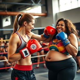 A dynamic scene in a boxing gym where an athletic woman delivers a playful punch to the belly of a jovial, voluptuous woman