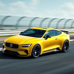 A stunning digital rendering of a futuristic Volvo 2-door coupe featuring a striking carbon/Volvo yellow paint