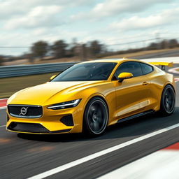 A stunning digital rendering of a futuristic Volvo 2-door coupe featuring a striking carbon/Volvo yellow paint