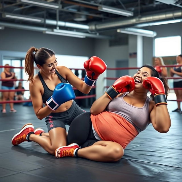 A playful and humorous scene in a boxing gym where an athletic woman has just knocked down her opponent, a jovial, voluptuous woman, during a friendly sparring match