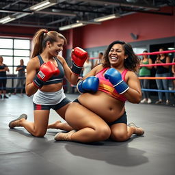 A playful and humorous scene in a boxing gym where an athletic woman has just knocked down her opponent, a jovial, voluptuous woman, during a friendly sparring match