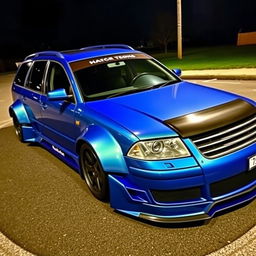 A blue 2001 VW Passat R36 L Wagon designed for drifting, featuring fender flares and a dramatic drifting livery
