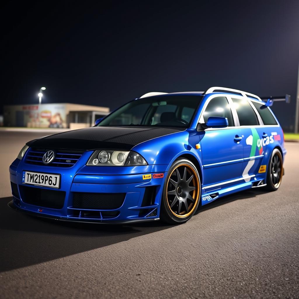 A blue 2001 VW Passat R36 L Wagon designed for drifting, featuring fender flares and a dramatic drifting livery