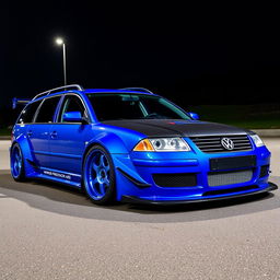 A blue 2001 VW Passat R36 L Wagon designed for drifting, featuring fender flares and a dramatic drifting livery