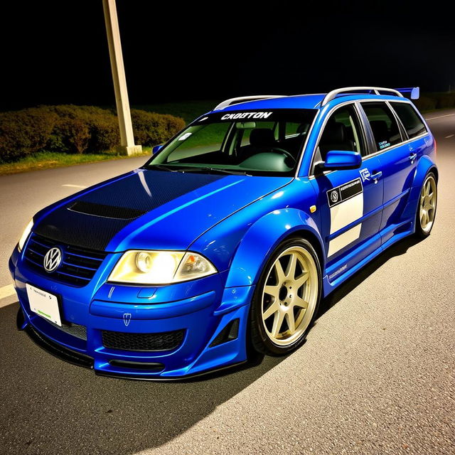 A blue 2001 VW Passat R36 L Wagon designed for drifting, featuring fender flares and a dramatic drifting livery