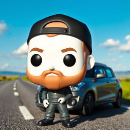 A Funko Pop figure of a 30-year-old man with white skin and a black cap, sporting a beard