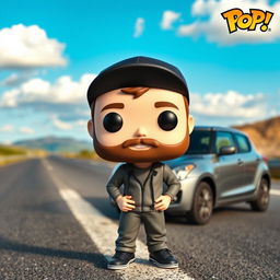 A Funko Pop figure of a 30-year-old man with white skin and a black cap, sporting a beard