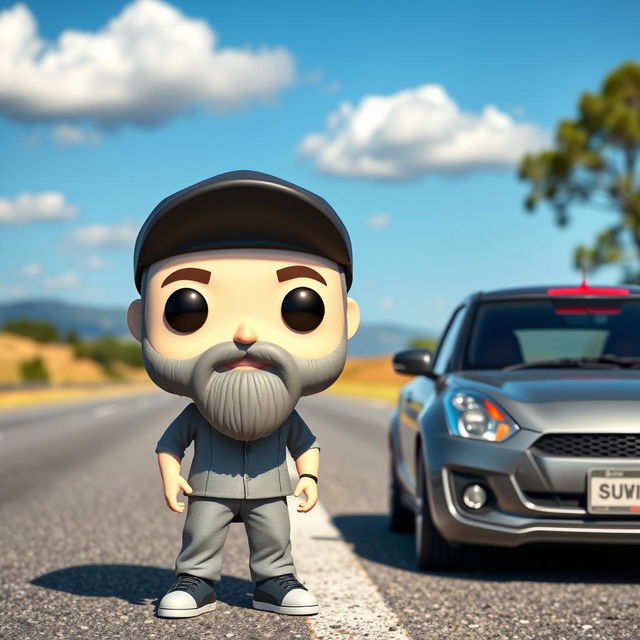 A Funko Pop figure of a 30-year-old man with white skin and a black cap, sporting a beard