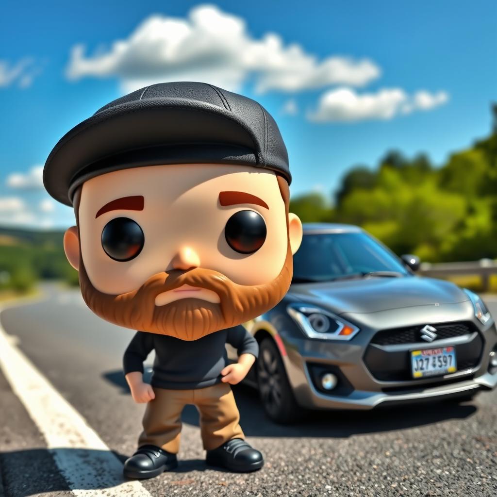 A Funko Pop figure of a 30-year-old man with white skin and a black cap, sporting a beard