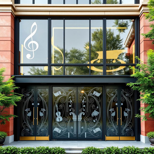 Detailed façade design for a music institute featuring intricate doors and windows