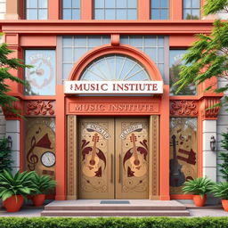 Detailed façade design for a music institute featuring intricate doors and windows
