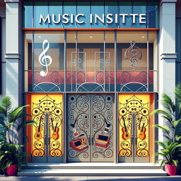 Detailed façade design for a music institute featuring intricate doors and windows