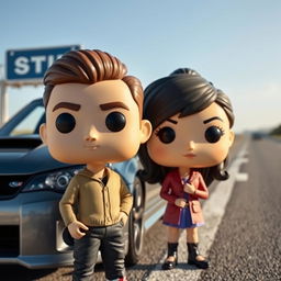 A Funko Pop-style scene featuring two characters: a young man around 20 years old with short brown hair, and a young Chinese woman with long hair