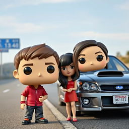 A Funko Pop-style scene featuring two characters: a young man around 20 years old with short brown hair, and a young Chinese woman with long hair