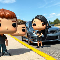A Funko Pop-style scene featuring two characters: a young man around 20 years old with short brown hair, and a young Chinese woman with long hair