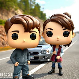 A Funko Pop-style scene featuring two characters: a young man around 20 years old with short brown hair, and a young Chinese woman with long hair