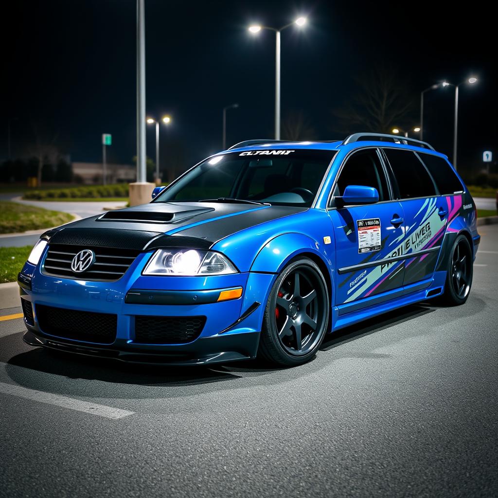 A blue 2001 VW Passat R36 wagon styled as a drift car, showcasing black fender flares, an eye-catching drifting livery, a sleek carbon fiber hood, and aggressive aerodynamic modifications with a pronounced body kit