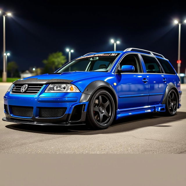 A blue 2001 VW Passat R36 wagon styled as a drift car, showcasing black fender flares, an eye-catching drifting livery, a sleek carbon fiber hood, and aggressive aerodynamic modifications with a pronounced body kit