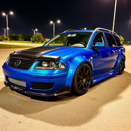 A blue 2001 VW Passat R36 wagon styled as a drift car, showcasing black fender flares, an eye-catching drifting livery, a sleek carbon fiber hood, and aggressive aerodynamic modifications with a pronounced body kit