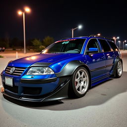 A blue 2001 VW Passat R36 wagon styled as a drift car, showcasing black fender flares, an eye-catching drifting livery, a sleek carbon fiber hood, and aggressive aerodynamic modifications with a pronounced body kit