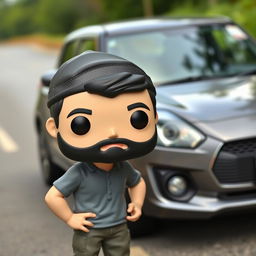 A Funko Pop figure of a man in his 30s with short black beard and light skin tone, wearing a black cap