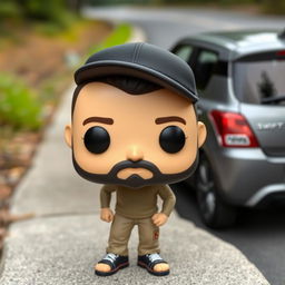 A Funko Pop figure of a man in his 30s with short black beard and light skin tone, wearing a black cap